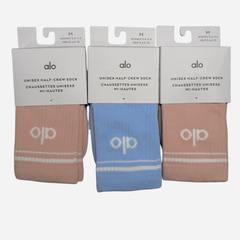 New Alo Throwback Half-Crew Socks 3-Pair Unisex Medium Pink Blue Ribbed Logo